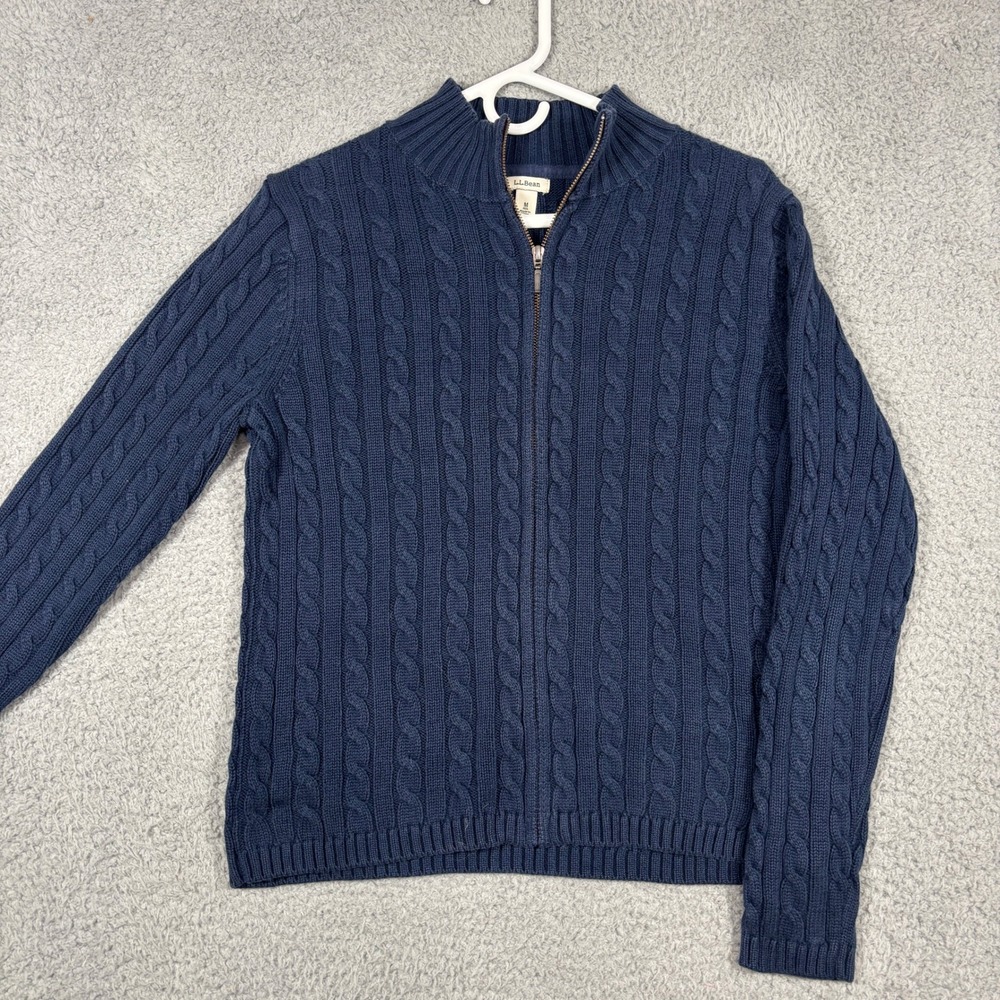 LL Bean Sweater Womens M Navy Blue Full Zip Cable Knit Cotton Mock Neck 243978